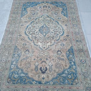 VINTAGE RUG 5x8, Navy Green Brown Hand Knotted Rug, Turkish Bohemian Rug, Oushak Area Rug, Anatolian Rug, Living Room Rug, 4.7x7.4 feet