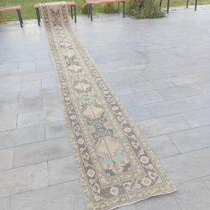 Può includere: Un tappeto passatoia lungo e stretto caratterizzato da un motivo complesso e sbiadito nei toni del beige, marrone, verde spento e azzurro tenue. Il design presenta medaglioni geometrici e motivi floreali ripetuti, incorniciati da un bordo decorativo.