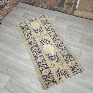 2x5 Runner Rug, Turkish Rug, Vintage Rug, Oushak Rug, For Kitchen Bedroom Hallway Rug, Handmade Blue Wool Rug, short runner Rug,2.2x4.7 feet