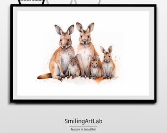Pintura familiar canguro - Decoración de la guardería - Adorable pintura de animales en acuarela - Regalo de baby shower - Animal australiano - Decoración de la habitación para niños