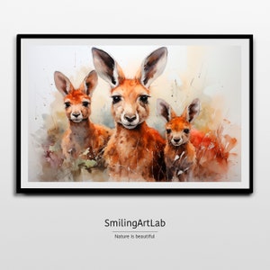 Könnte beinhalten: Aquarellmalerei von drei roten Kängurus, einer Mutter und zwei Jungtieren, die in einem Feld mit hohem Gras stehen. Die Kängurus schauen den Betrachter mit neugierigen Gesichtsausdrücken an.