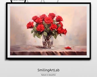 Beautiful Red Rose Bouquet - Elegant Red Roses in Vase - Stunning Floral Art Print - Romantic Wall Decor - Beautiful Floral Art Print