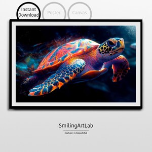 Puede incluir: Una tortuga marina vibrante y colorida con un caparazón azul, naranja y amarillo nada a través de un fondo oscuro y abstracto. La cabeza de la tortuga está girada hacia un lado y sus ojos están abiertos. La imagen es una ilustración digital.