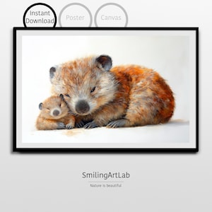 Cute Wombat Mother and Baby Painting - Nursery Decor - Baby Shower Gift - Australian Animal - Watercolor Wombat Family - Kids Room Decor