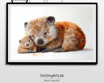 Cute Wombat Mother and Baby Painting - Nursery Decor - Baby Shower Gift - Australian Animal - Watercolor Wombat Family - Kids Room Decor