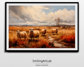 May include: A painting of a field with five sheep standing in a stream of water. The sheep are white with brown faces and legs. The field is covered in brown grass and red flowers. The sky is cloudy and blue.