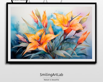 Bird of Paradise Watercolor Art - Tropical Flower Painting - Digital Exotic Flower Image - Home Decor for Tropics Lovers - Exotic Gift Idea