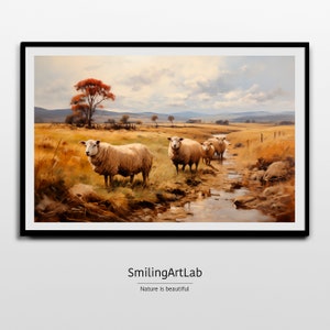 Sheep Image - Country Farm Animals Print - Farm Landscape - Farmhouse Style Art - Country Living Decor - Pastoral Scene Painting