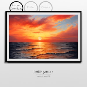 Stunning Sunset Over Ocean Painting as Digital Download - Beautiful Seascape - Nature Wall Decor - Waves at Sunset - Cloudy Sunset Picture