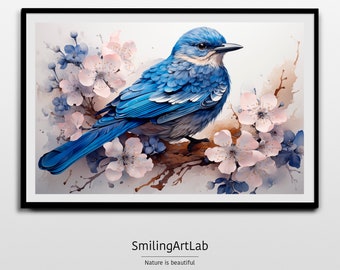 May include: A blue bird with a white stripe on its chest perched on a branch with pink blossoms. The bird is surrounded by pink and blue flowers and leaves. The background is a light grey with watercolour splatters.
