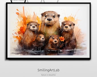 Otter Image - Charming Watercolor Family of 5 Otters - Instant Download - Nursery River Animal Wall Art - Perfect Gift for Baby Shower