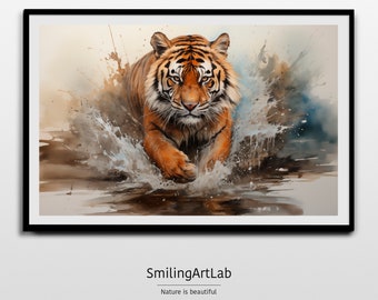 Tiger Image in Watercolor Style - Splashing Tiger Animal Art - Home Decor Download - Kids Room Decor - Tiger Painting - Tiger Art
