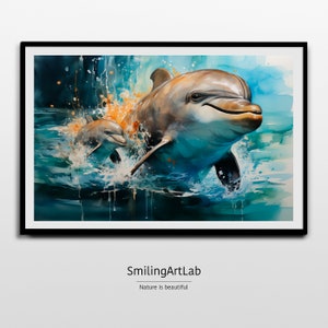 Dolphin Image - Joyful Mother & Baby Dolphin Watercolor Painting - Printable Ocean Nursery Art - Marine Life Wall Decor for Baby Shower