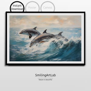 Dauphins sautant peinture en téléchargement numérique - décoration nature océan - art mural côtier - décoration faune océan - animaux aquarelle de chambre d'enfant