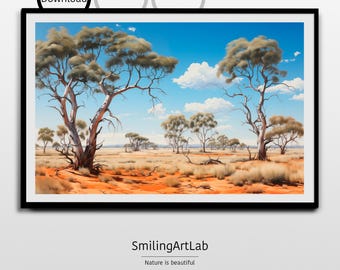 Pintura del interior de Australia - Paisaje australiano en estilo de pintura al óleo - Eucaliptos - Paisaje de árboles de goma australianos - Arte del interior