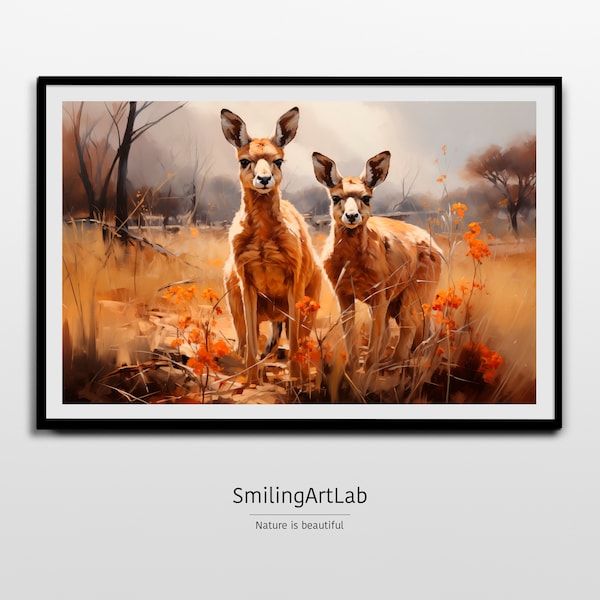 Kangaroo Image in Oil Painting Style  - Autumn Field Digital Art -  Australian Outback Decor - Kangaroo Family Image - Australian Image