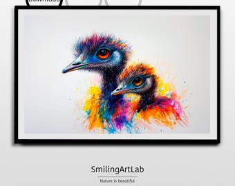 Colorful Emu Parent and Baby - Home Decoration - Baby Animal - Cheerful Bird Illustration - Australian Animal - Kids Room - Splash Artwork