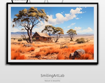 Australian Outback Painting - Australian Landscape Image in Oil Painting Style - Hut under Eucalyptus Trees - Australian Gum Trees Landscape