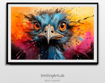 Emu Image in Watercolor Style - Colorful Emu Animal Art - Home Decor Download - Kids Room Decor - Emu Painting - Australian Emu Art