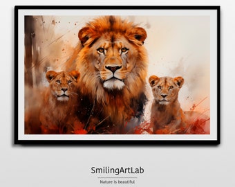 Lion Drawing - Digital Watercolor Art of Lion Family - Perfect for Nursery Decor - Kids Room Art - Lion Image - Nursery Art