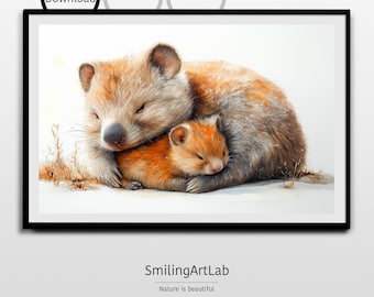 Cute Wombat Mother and Baby Painting - Nursery Decor - Baby Wombat Print - Australian Animal - Kids Room Decor - Cuddly Wombat Family
