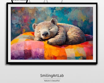Sleeping Wombat On Colourful Bed Painting - Nursery Decor - Baby Wombat Print - Australian Animal - Kids Room Decor - Decorative Wall Art