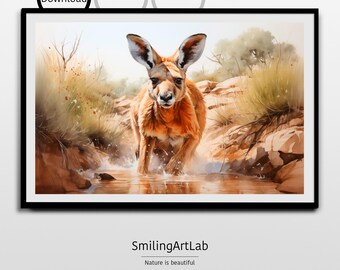 Kangaroo in Billabong Painting - Nursery Decor - Animal Painting - Watercolor Animal - Baby Shower Gift - Australian Animal - Kid Room Decor