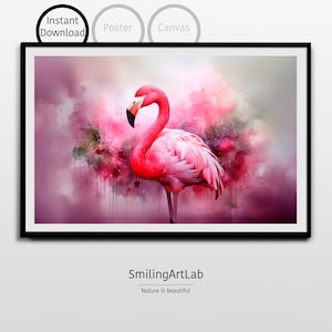 Pink Flamingo Painting In Watercolor Style as Digital Download - Colorful Flamingo Image - Exotic Bird Art - Beach House Decor