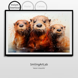 Otter Image - Charming Otter Family of Three - Watercolor Print - Instant Download River Scene - Perfect Wildlife Wall Art Gift