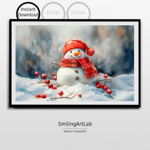 Smiling Snowman In Watercolor Style - Christmas Decor - Snowman With Red Scarf - Winter Wonderland - Snowman and Berries - Snowy Scene