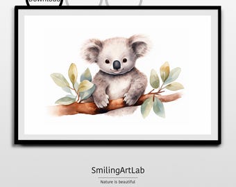 Koalamålning - Barnrumsdekor - Bedårande djurmålning - Akvarell djurunge - Babyshowerpresent - Australiensiskt djur - Barnrumsdekor