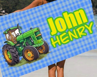 Personalized/Customized big green tractor name Beach Towel, blue plush luxurious soft and warm