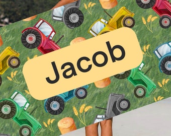 Personalized/Customized big green tractor name Beach Towel, yellow plush luxurious soft and warm