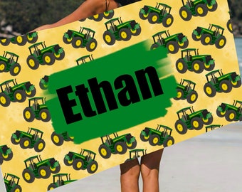 Personalized/Customized big green tractor name Beach Towel, yellow plush luxurious soft and warm