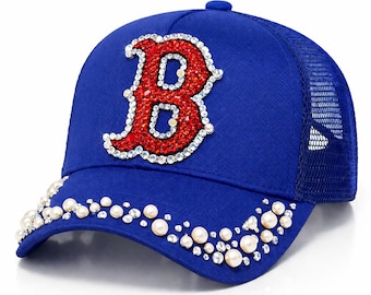Luxe Bling Edition Rhinestone & Pearl Bling Baseball Hat | Boston Inspired Glam Cap | Women’s Game Day Hat | Sparkle Trucker Hat