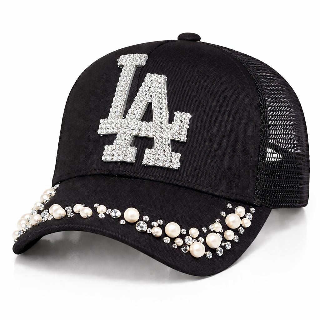 Embellished Black Cap with Pearl Accents Black & White NY Snapback~blinged With Pearls, Rhinestone  main image 4