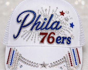 City Script 76 with Liberty Drip  brim, Red White Blue Game Day Glam, Custom Philly Inspired Hat,