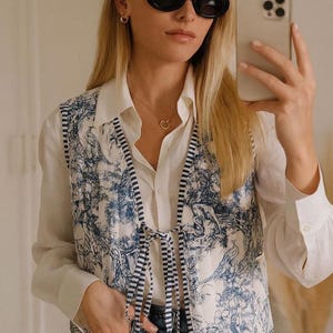 Colete acolchoado de retalhos de algodão azul estilo floral outono inverno casaco cardigan estampa de porcelana chinesa colete acolchoado, colete legal para mulheres