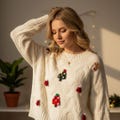 Adorable white Christmas fluffy tree print sweater, cute reindeer xmas sweater for women, winter christmas hat sweater, party ugly sweat product logo
