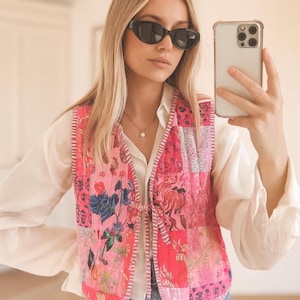 Colete acolchoado de retalhos, jaqueta estilo boho floral outono inverno, cardigan para ocasiões especiais, colete acolchoado boho, colete para mulheres, colete de outono