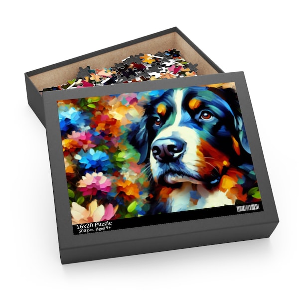 Bernese Mountain Dog Among Flowers; Puzzle (120, 252, 500-Piece)