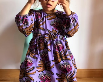 Vestido Floral Morado para Niñas, Vestido Manga Larga, Vestido Boho, Vestido Lila Hecho a Mano, Viscosa EcoVero, Vestido de Fiesta