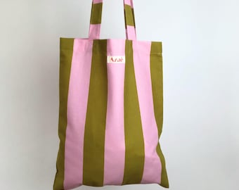 Bolso Tote de Lona a Rayas – Shopper de Algodón Rosa y Verde, Bolso Minimalista Hecho a Mano