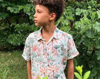 Camisa Palmera Niño, Camisa Tropical Niño, Ropa Verano Niños, Camisa Boho Surf, Manga Corta Abotonada, Camisa Vacaciones Estampado Jungla