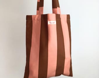 Bolso Tote de Lona a Rayas – Shopper de Algodón Marrón y Melocotón, Bolso Minimalista Hecho a Mano