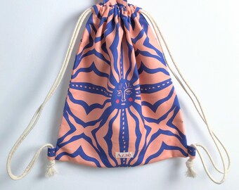Mochila infantil hecha a mano | Bolsa ligera ecológica | Mochila de Cuerda de Algodón para Niños | Estampado de sol azul