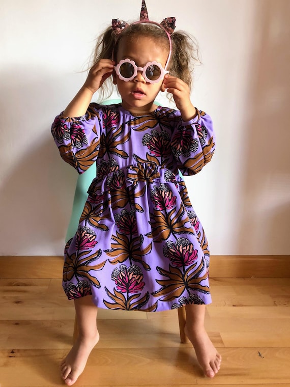 fitted lace wedding dress Girls' Ruffle Collar Long Sleeve Dress | Blue and Mustard Floral 18-24 Mo main image 1