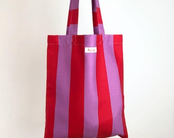 Bolso Tote de Lona a Rayas – Shopper de Algodón Rojo y Lila, Bolso Minimalista Hecho a Mano