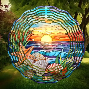 May include: A colorful stained glass suncatcher depicting a seashell and starfish scene with a sunset over the ocean. The suncatcher is round and has a metal frame.