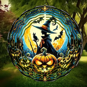 May include: Circular Halloween-themed artwork featuring a witch silhouette, black cat, bats, and a jack-o'-lantern. The design includes a full moon, a starry sky, and decorative vines. The color palette includes orange, blue, and black.